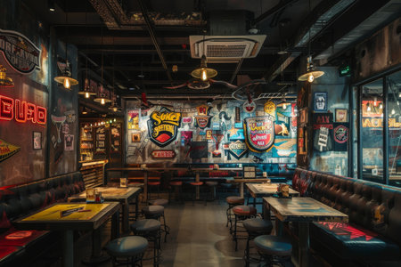 A lively restaurant setting with numerous tables and chairs occupied by diners, A retro aesthetic with vintage logos and distressed finishesの素材