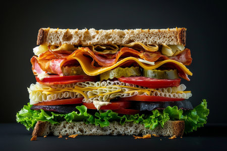 A sandwich featuring crispy bacon, fresh lettuce, juicy tomato, and melted cheese, A sandwich that plays with textures and shapesの素材