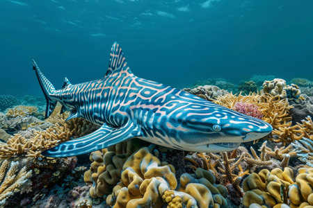 A blue and white striped shark blending in with the colorful coral reef underwater, A shark camouflaging among coral reefs with its unique patternsの素材