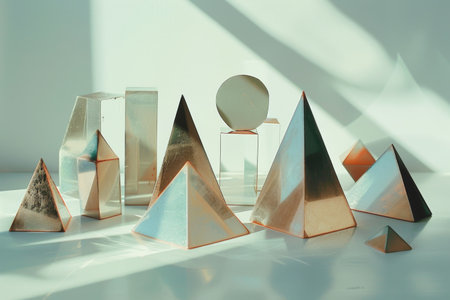 Group of geometric shapes arranged neatly on a table surface, A series of geometric shapes representing the strategic thinking involved in Ju Jitsuの素材