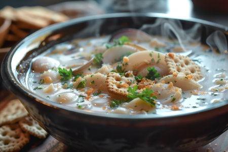 A close-up view of a steaming bowl of New England clam chowder on a table, A steaming bowl of New England clam chowder with oyster crackersの素材