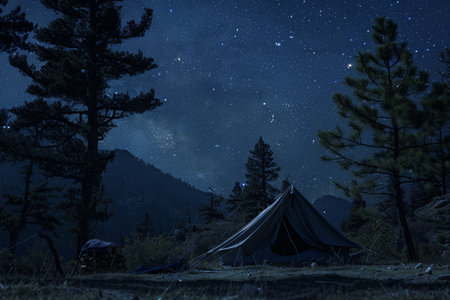 A tent pitched in a forest clearing beneath a star-filled night sky, A starry night sky above a tent in the wildernessの素材