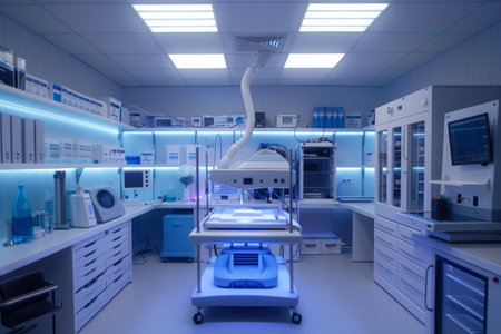 A medical room filled with various high-tech equipment used for medical procedures and patient care, Design a room with 3D printers for on-demand medical supplies and equipmentの素材
