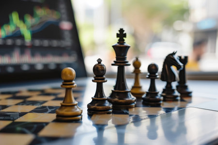 A collection of chess pieces arranged on the top of a laptop screen, Developing a diversified portfolio to spread out riskの素材