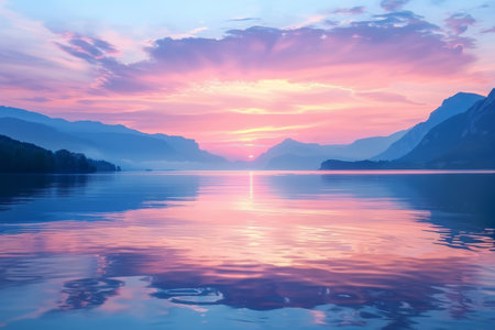 A breathtaking sunset casts a warm glow over a quiet lake, reflecting the silhouette of towering mountains in the distance, Dreamy sunset over a calm lake with reflections of the skyの素材