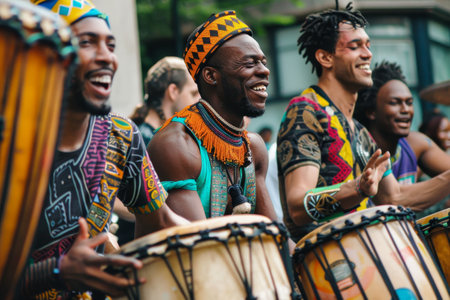 A vibrant scene of people playing drums energetically in a bustling city setting, Drums beating in celebrationの素材