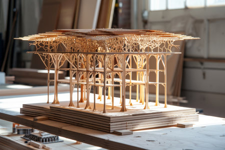 A miniature tree house model displayed on a table, Efficient techniques for building and assembling structuresの素材