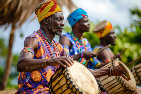 Group of African men playing drums in celebration, Drums beating in celebrationの素材