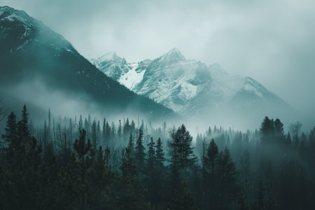 Fog envelops a mountain range with snow-capped peaks in the background, framed by trees, Distant snow-capped peaks peeking through a foggy forestの素材