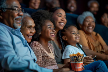 Various ages of family members sitting in theater seats, focusing on screen with movie playing, Different generations of a family sharing laughs and snacks while enjoying a movieの素材