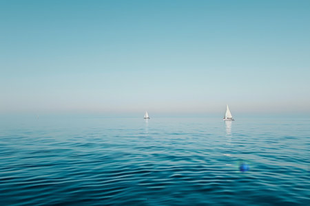 Two sailboats float peacefully on calm ocean waters on a sunny day, Distant sailboats drifting on the calm watersの素材