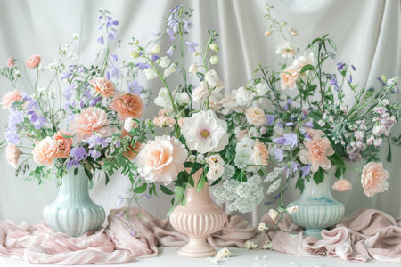 Three elegant vases holding pink and peach flowers, set against a clean white background, Elegant floral arrangements in soft pastel colorsの素材