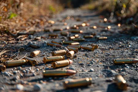 Bullet casings are scattered across a dirt road, Empty shell casings littering the groundの素材