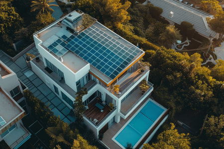 An aerial perspective of a house adorned with solar panels on its roof, Energy-efficient features like solar panels and wind turbinesの素材