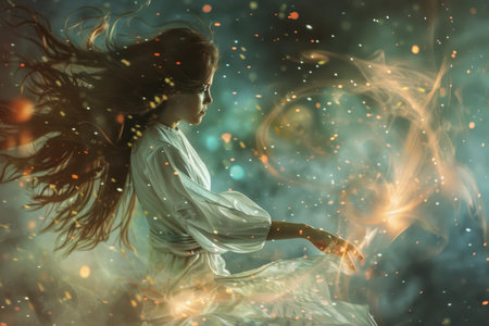 A girl in a white dress is holding a fire in her hands, Ethereal music floating through the airの素材
