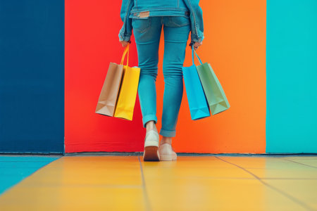A woman is walking with shopping bags in front of a vibrant, multicolored wall, Experiment with contrasting colors to convey the competitive nature of the gameの素材