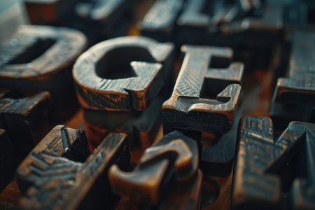 Detailed view of a wooden type letter in focus, Experimenting with different typography styles for marketing campaignsの素材