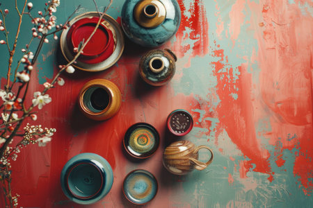 Collection of pots and bowls displayed on a vibrant red wall, creating a striking visual contrast, Experiment with different color palettes inspired by Chinese ceramicsの素材