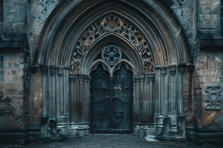 Majestic Gothic Church With Ornate Door, Explore the imposing presence of Gothic doorways and portals, often adorned with intricate carvingsの素材