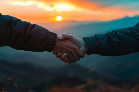 Two individuals shaking hands in front of a setting sun, Expressing the deep connection and commitment of a partnershipの素材