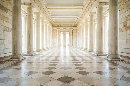 A hallway with symmetrical columns and a checkered floor, Explore the use of symmetry and balance in neoclassical architecture to create harmonious compositionsの素材