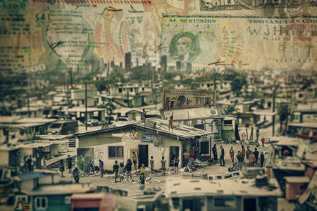 A cityscape filled with an overwhelming amount of currency notes spread across the streets and buildings, Explore the concept of economic inequality through contrasting imageryの素材