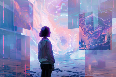 A person standing in front of a vibrant and colorful room filled with various hues of paint on the walls, Explore the idea of remote access and collaboration through dynamic AI-generated artworkの素材