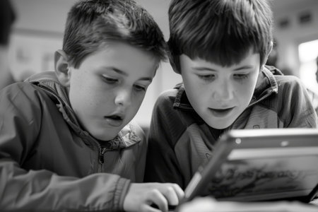 Two young boys are focused on a tablet computer, engrossed in the screens content, Explore the integration of digital tools in traditional educational settingsの素材