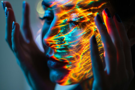 A womans face lit up by vibrant, colorful lights, creating a mesmerizing visual effect, Explore the idea of remote access and collaboration through dynamic AI-generated artworkの素材