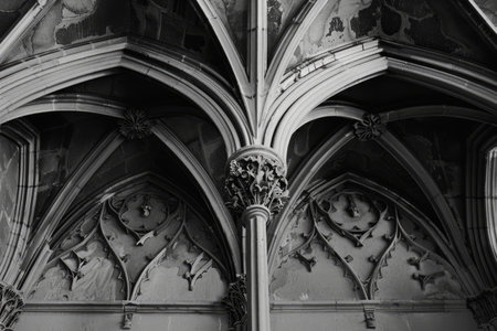 Black and white image of a gothic structure featuring intricately detailed pointed arches, Explore the intricate details of pointed arches and ribbed vaults in Gothic architectureの素材
