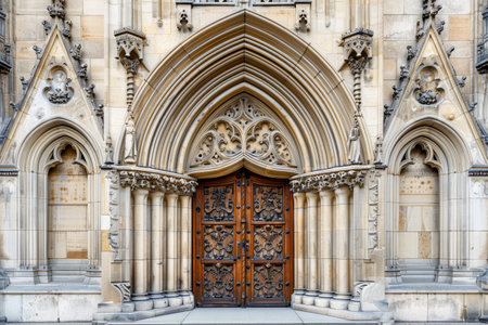 A detailed Gothic doorway in a cathedral, showcasing intricate carvings and architectural grandeur, Explore the imposing presence of Gothic doorways and portals, often adorned with intricate carvingsの素材