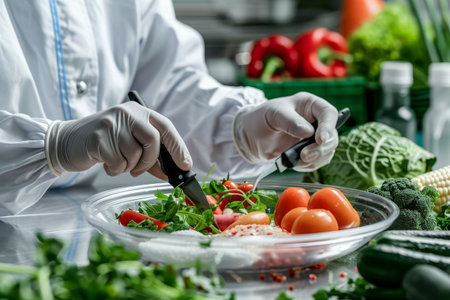 A person in a white coat is skillfully cutting and arranging vegetables in a bowl, Exploring the concept of foodborne illnesses and how they can be preventedの素材