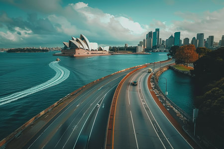 Aerial perspective of Sydney skyline featuring the iconic Opera House as the focal point, Famous landmarks or features surrounding the trackの素材