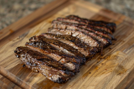 Marinated flank steak resting on a wooden cutting board, Flank steak with a tangy marinadeの素材