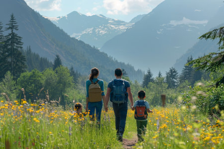 Family hiking in mountain meadow surrounded by nature, Families enjoying a peaceful nature hike in the mountainsの素材