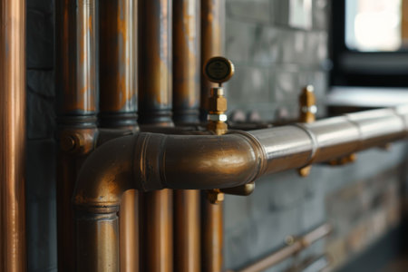 Detailed view of a copper pipe in a room, showcasing its texture and color, Exploring the visual difference between traditional radiators and hidden heating pipesの素材