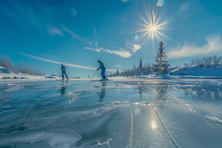 Two individuals ski across a frozen lake under the winter sun, Frozen lakes reflecting the bright winter sun as skiers glide across themの素材