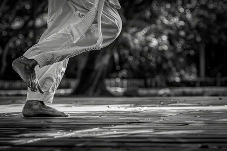 A black and white image of a person executing karate moves with precision and focus, Focus on the precision and skill required for a successful kickの素材