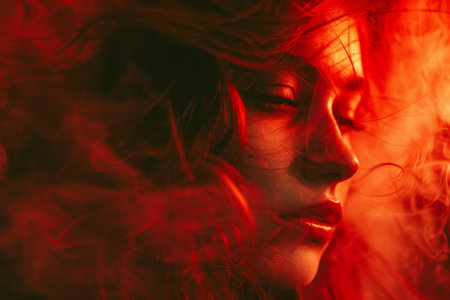 Close-up of a woman with vibrant red hair, with smoke billowing out from her eyes, Fiery red shades creating a sense of energyの素材