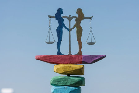 A statue depicting a woman and a man standing side by side, holding scales, symbolizing justice and gender equality, Exploring the theme of gender equality and social justiceの素材