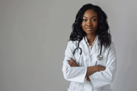A black female doctor in a white coat and stethoscope standing confidently with her arms crossed, Female doctor in a white coat and stethoscopeの素材