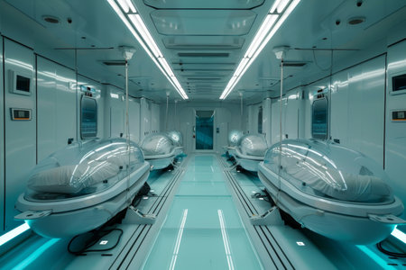 A futuristic hospital room packed with numerous beds and floating pods transporting medical supplies, Floating pods transporting medical supplies through a sleek, automated facilityの素材