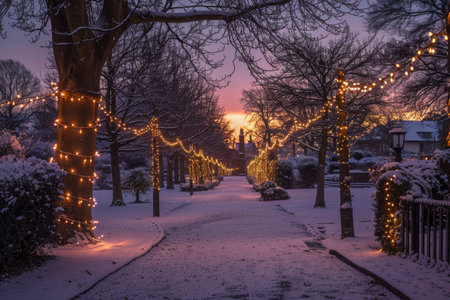 A path covered in snow with Christmas lights shining in the background on a frosty evening, Glittering lights on a frosty eveningの素材