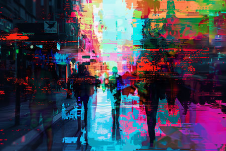 Vibrant painting showing a group of people in varied attire strolling along a busy city street, Glitchy patterns distorting realityの素材