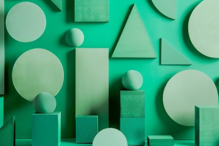 Various geometric shapes in shades of emerald, jade, and mint on a green background, Geometric shapes in shades of emerald, jade, and mint on a solid green backgroundの素材