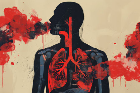 Illustration of human lungs releasing red smoke, Graphic design showcasing the human figure with bold, red lung motifsの素材