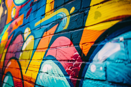 Colorful graffiti covers a brick wall in a mix of shapes and hues, Graffiti-covered walls with vibrant colorsの素材