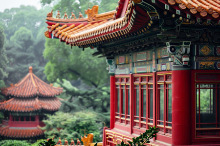A red Chinese pagoda stands out in the forest surrounded by lush greenery, Highlight the use of red and gold in traditional Chinese buildings for luck and prosperityの素材