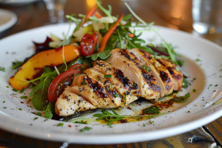 Plate with grilled chicken and colorful vegetables, showcasing a healthy and delicious meal, Grilled chicken paired with fresh, colorful veggiesの素材