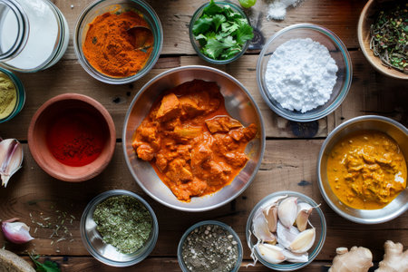 Various bowls filled with an assortment of spices and herbs arranged neatly on a rustic wooden table, Illustrate the rich and flavorful ingredients used in a classic butter chicken recipeの素材